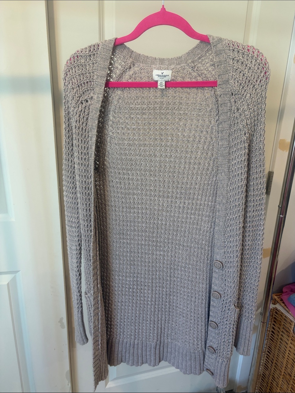 American Eagle Outfitters Gray Open-Knit Button Front Cardigan